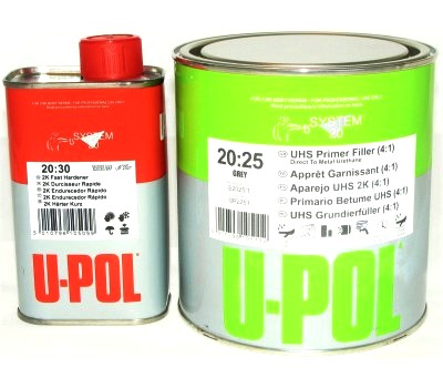 U-POL S2025W/1 UHS Грунт наполнитель 4:1 белый + S2030/SM отвердитель быстрый, комплект 1,25л 